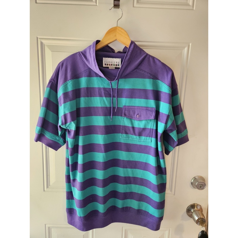 Vintage‎ Carolina Colours Striped Hooded Shirt Purple Teal Pocket Top M